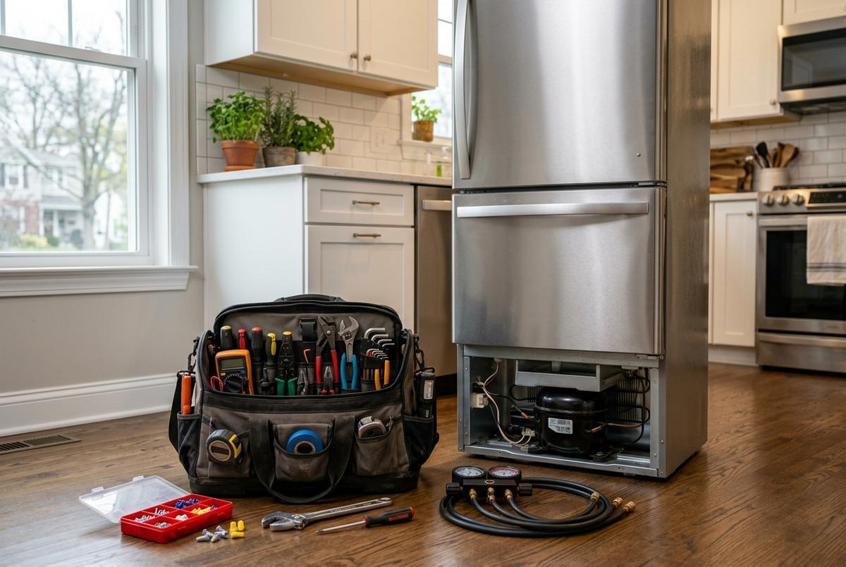 Appliance repair technician at work
